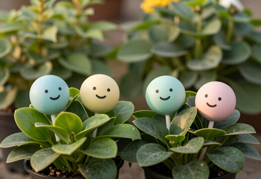 Four colorful smiley face plant moisture meters in potted green plants, garden care and happy growth concept, These decorative tools indicate soil hydration levels