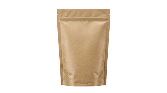 Brown kraft paper pouch mockup, blank stand-up zipper bag for food packaging, eco-friendly coffee and snack doy pack isolated on white