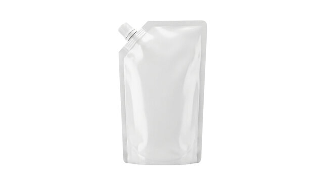 White plastic spout pouch mockup, blank flexible liquid packaging bag, realistic doy-pack container for food and cosmetic branding