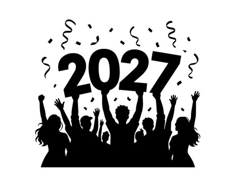 New year 2027 celebration with silhouetted crowd and confetti black style