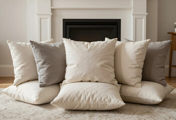 Obraz premium Neutral colored decorative pillows on a textured rug in a cozy living room with a modern fireplace, the background features a modern fireplace, contributing to a comfortable and inviting home