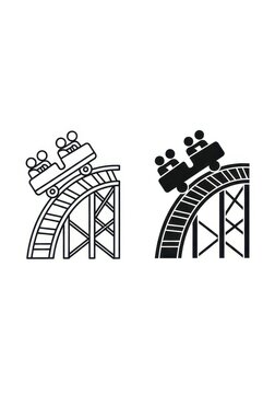 Roller Coaster Icon Set with Outline and Solid Styles for Amusement Park and Theme Park Design