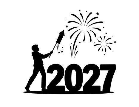Silhouette of person lighting fireworks with new year two thousand twenty seven