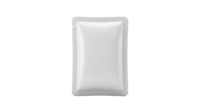 Blank white sachet mockup, realistic plastic foil pouch for cosmetics or food, isolated 3D small packet for branding and packaging design