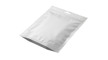 White plastic pouch mockup, blank foil doy-pack with zipper and hang hole, realistic matte food packaging bag on white background © GraphicsWorld