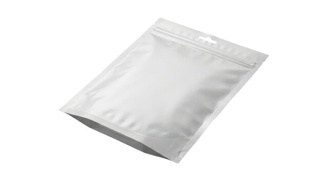 White plastic pouch mockup, blank foil doy-pack with zipper and hang hole, realistic matte food packaging bag on white background