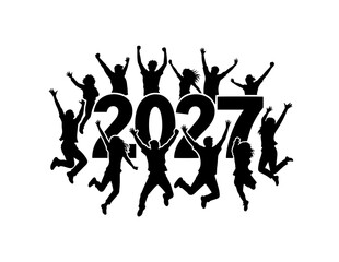 Fototapeta premium Silhouettes of jumping people celebrate the new year 2027 on a white