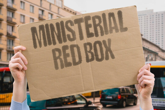 "Ministerial Red Box" A ministerial red box is lost during a journey. MINISTERIAL. RED. BOX. LOST. JOURNEY.