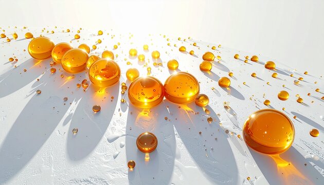 gocce di liquido denso color arancione brillante su superficie chiara e pulita