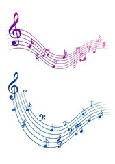 Fototapeta premium Colorful Wavy Musical Notes and Staves Illustration Set in Blue and Purple Gradients on White Background