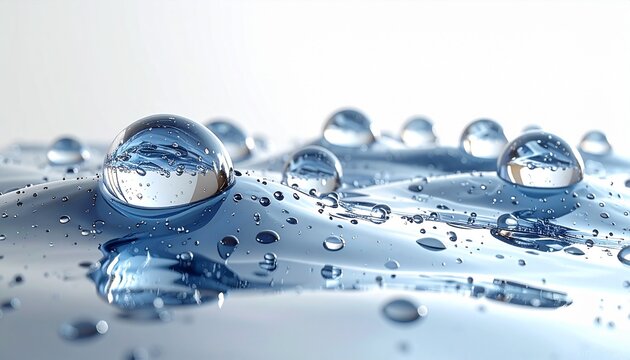Distesa astratta di gocce d'acqua cristalline su superficie fluida e ondulata. Sfondo bianco luminoso, perfetto per concetti di idratazione profonda, siero e skincare