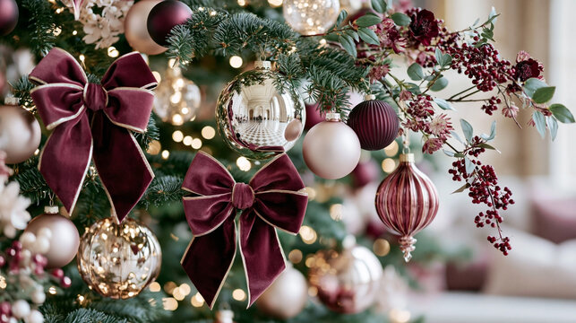 Christmas tree adorned with burgundy bows, shiny ornaments, and delicate floral accents, illuminated by warm lights in a cozy indoor setting