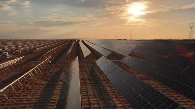 Stunning Sunset over Vast Solar Panel Farm in Remote Sandy Desert Landscape