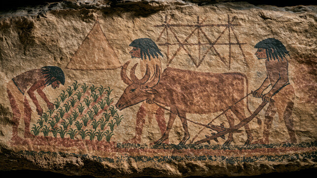 Ancient Egyptian Agriculture: A vibrant fresco depicts early farming practices with figures tending crops, a bull plowing the field, and a geometrical design above.