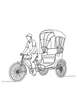 Single Line Drawing of a Traditional Cycle Rickshaw with Driver, Minimalist Asian Transportation Vector Illustration
