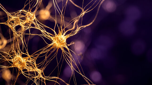 Abstract illustration of neural networks with golden synaptic connections on a dark background