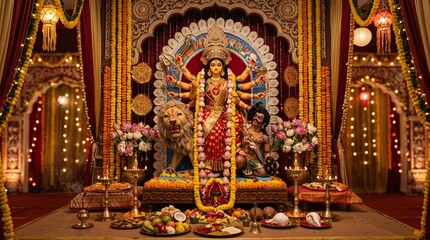 Fototapeta premium Durga Puja Festival Idol Decoration with Flowers, Diyas and Traditional Bengali Ornaments