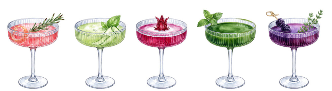 watercolor vintage coupe cocktail set illustration with herbal garnishes rosemary cucumber hibiscus mint and blackberry isolated on transparent background