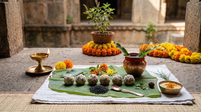 Hindu Ancestral Offering for Sarva Pitru Amavasya with Rice, Sesame and Sacred Diyas
