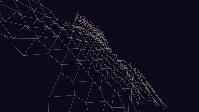 Abstract wireframe geometric grid pattern with a dark background, creating a sense of depth and complexity.