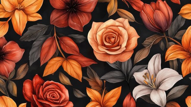 Seamless Autumn Floral Pattern with Roses and Lilies on Dark Background
