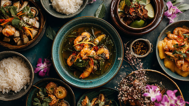 Elegant flat lay of authentic Vietnamese dishes with festive decorations inspired by National Day Vietnam, generous copy space, no people