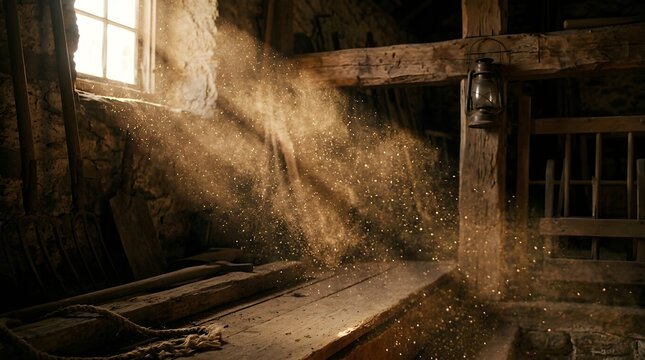 Sunlight streams through an old window. Dust motes dance in the light.