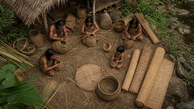 Indigenous Craftsmanship: A group of indigenous people in traditional attire are gathered under a thatched roof, skillfully weaving baskets from natural fibers.