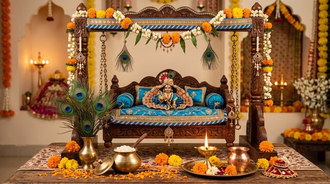 Krishna Janmashtami Baby Cradle with Peacock Feathers, Butter Pot and Festive Decorations