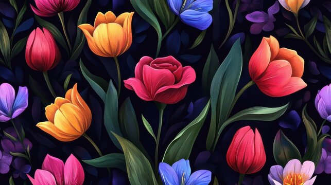 Seamless Floral Pattern with Vibrant Tulips and Roses on Dark Background