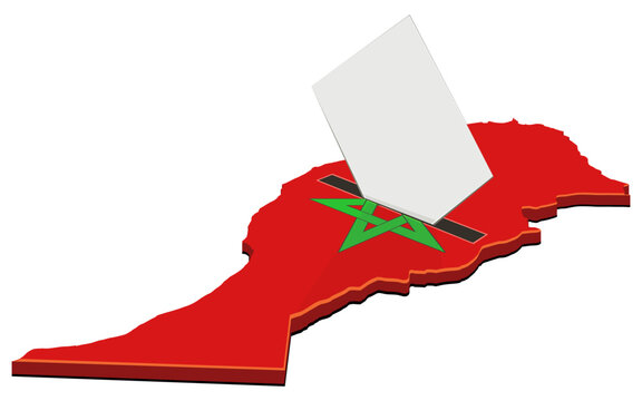 3D isometric map of Morocco with a ballot box slot and paper representing democratic elections, political rights, public choice, civic duty, and voting process (cut out)