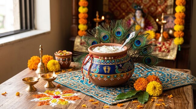 Krishna Janmashtami Matki with Butter and Peacock Feathers for Hindu Festival Celebration