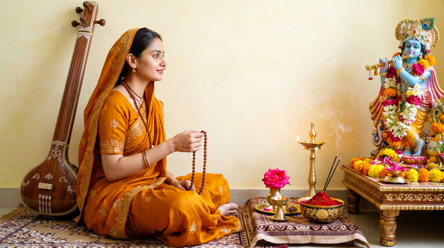 Sant Mirabai, divine mystic poet and devotee of God Krishna, playing Rudraksha garland and Worship to god Krishna at Hindu altar, Mirabai Jayanti concept