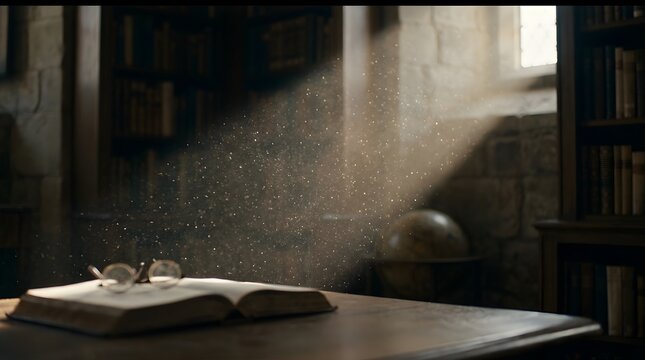 Sunlight hits dust motes in a library. An open book rests on a table.