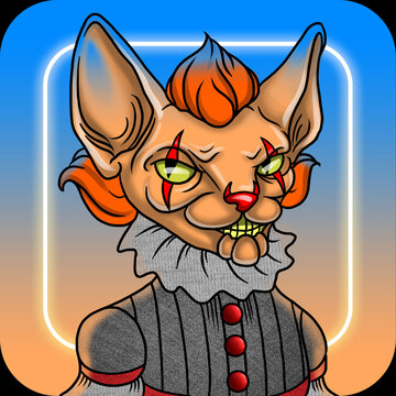 Digital illustration of a feline creature with clown like features and a ruffled collar