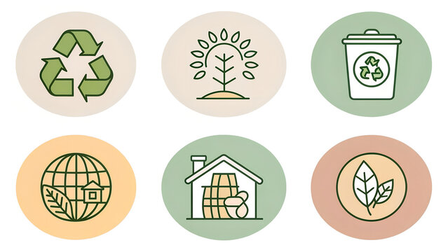 Sustainability and recycling icons depict environmental concepts in a vector style
