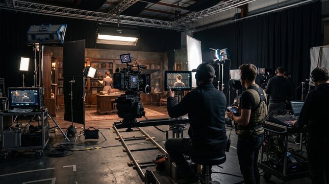 Film crew working on a movie set with professional cameras, lighting, and a detailed interior scene.