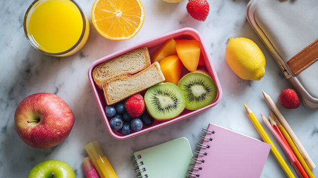 Elegant flat lay of healthy lunchbox, fresh fruits, juice, notebooks, pencils, backpack accessories, first day of school celebration, large copy space, ultra realistic, 8k HDR, hyper detailed