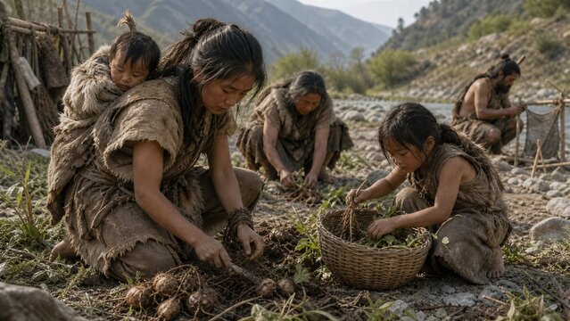 Ancient Harvest: A prehistoric family diligently works the land, harvesting root vegetables in a rugged, natural landscape, embodying the spirit of early human survival and community