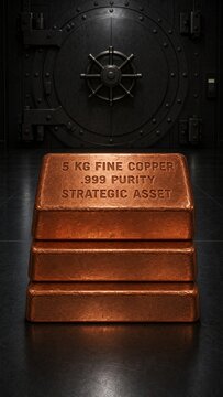 Stacked 5kg Fine Copper Bullion Bars Before Vault Door, Strategic Asset