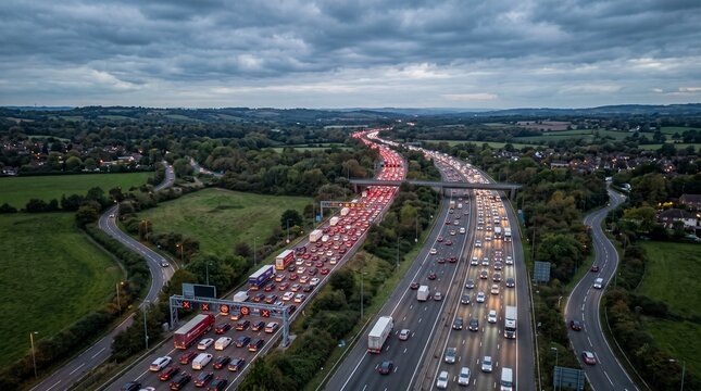 Aerial view of a multi-lane highway with heavy traffic, showing both moving and congested lanes, surrounded by green landscape under a cloudy sky.