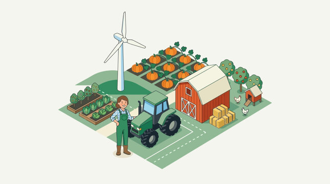 Isometric Illustration of a Female Farmer Standing by a Green Tractor on a Sustainable Organic Farm with Wind Turbine and Barn