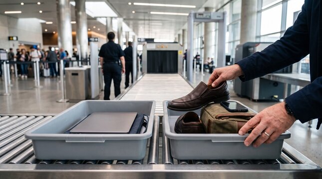 Traveler placing shoes and personal items into security bins at an airport checkpoint before an X-ray scanner.