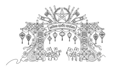 Obraz premium Vietnamese Independence Day Celebration Festive Gate Line Art Illustration