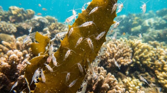 Small translucent shrimp clinging to brown seaweed, coral reef background, underwater marine biology, aquatic ecosystem