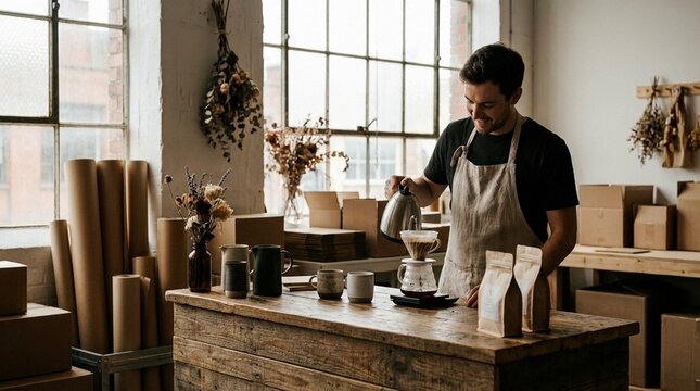Smiling adult Caucasian man wearing linen apron, pouring water into coffee dripper, rustic studio workshop with cardboard boxes, natural light, artisan lifestyle