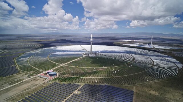 Aerial View of Molten Salt Tower Solar Thermal Power Plant in Talatan PV Industrial Park, Qinghai: Heliostat Mirror Field and Clean Energy Base