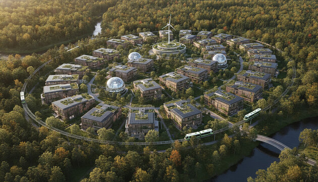 Aerial perspective of a circular sustainable eco-city nestled in dense forest, showcasing modern architecture with solar panels, green roofs, wind turbines, and a futuristic monora