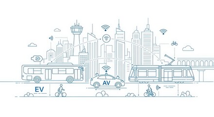 Obraz premium Smart City Transportation Concept with Autonomous Vehicle, Electric Bus, and Connected Infrastructure Line Art Illustration