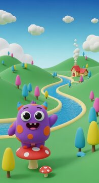 Colorful Monster in Whimsical Fantasy Landscape Scene.